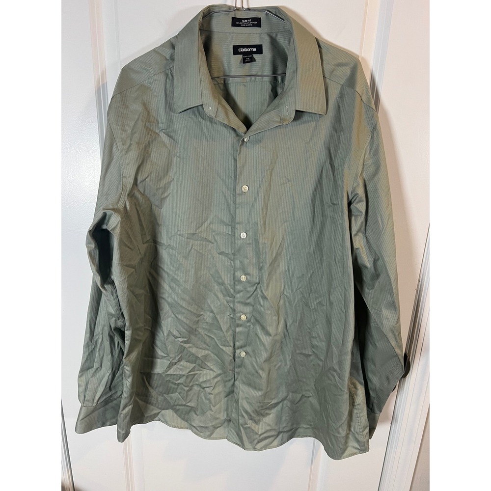 Claiborne Mens Dress Shirt Slim Fit Easy Care Sage Green 18 36/37